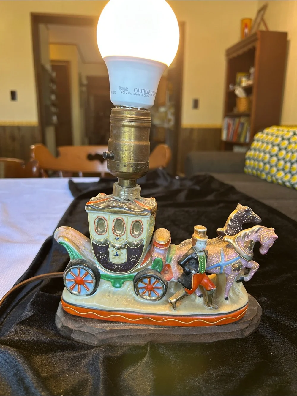 Vintage Ceramic Carriage Lamp with Horse and Driver - Multicolor